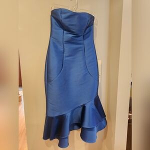 Sachin + Babi Strapless Satin Cobalt-Blue Midi Dress with Flounced Hem